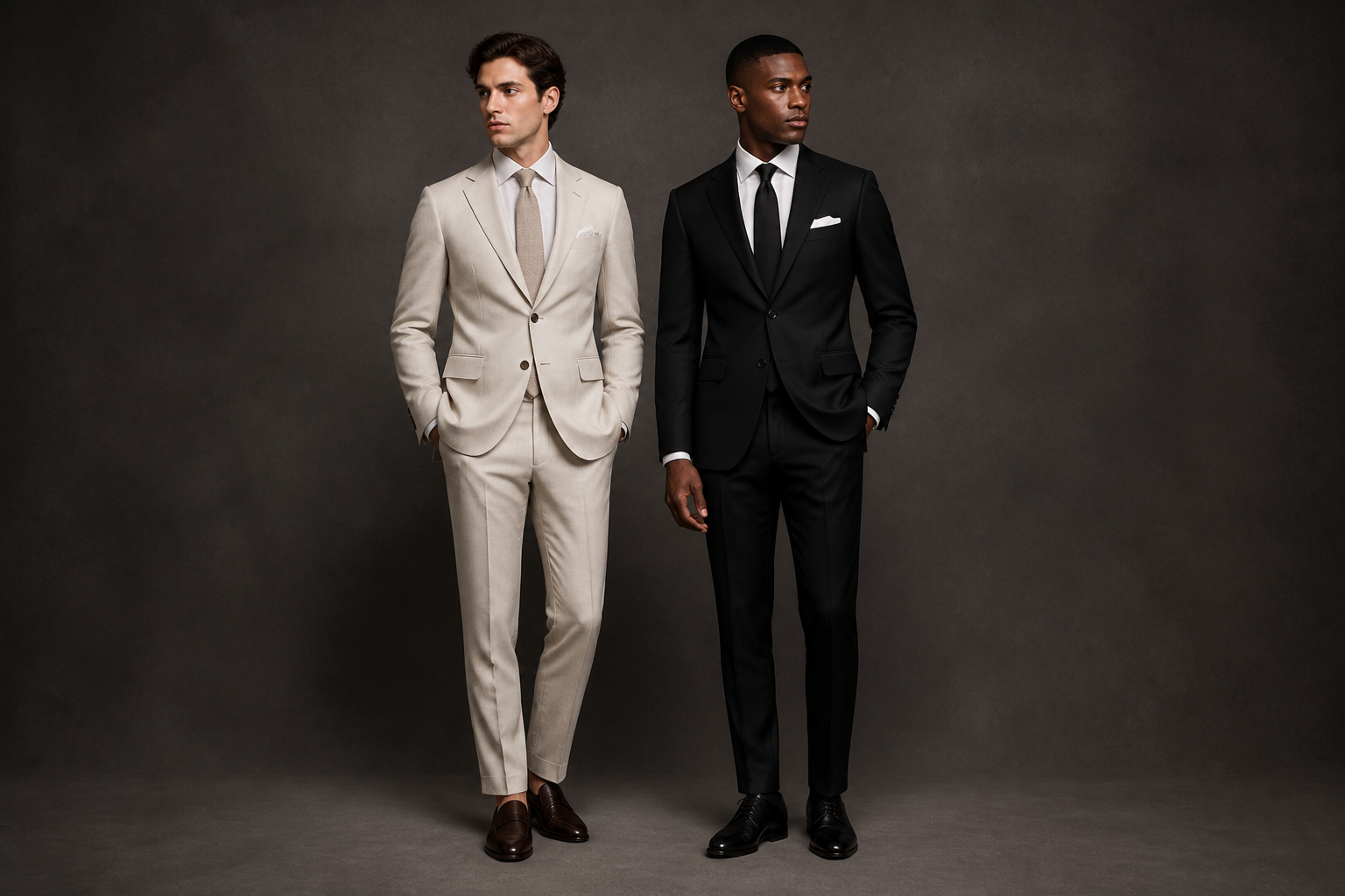 Ivory suit and black suit pairing on dark studio backdrop.