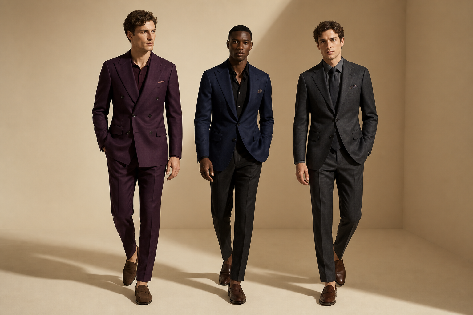 Three men in plum, navy, and charcoal formalwear.