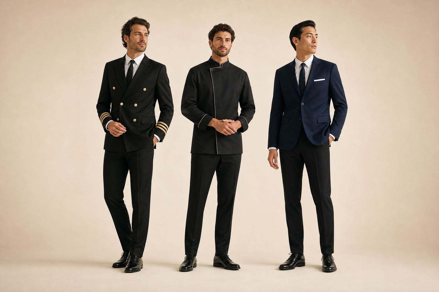 Three men in mixed hospitality uniforms on light beige studio.