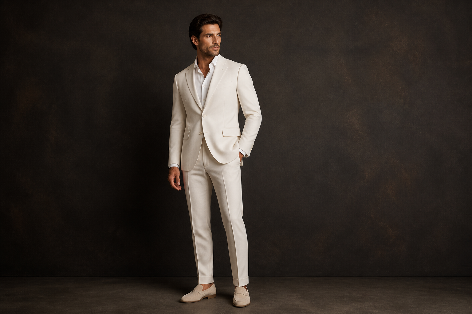 Ivory light suit on dark studio backdrop, hero.