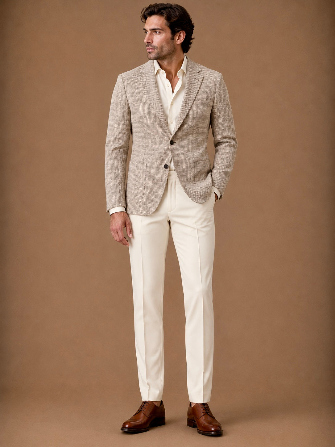 Beige modern fit men's blazer by Vellor Vault, front view.