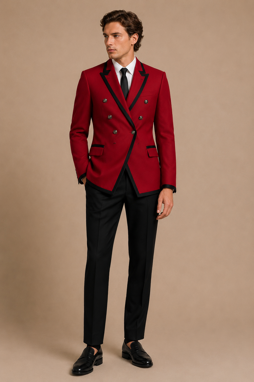 Black modern fit men's blazer by Vellor Vault, angle view.