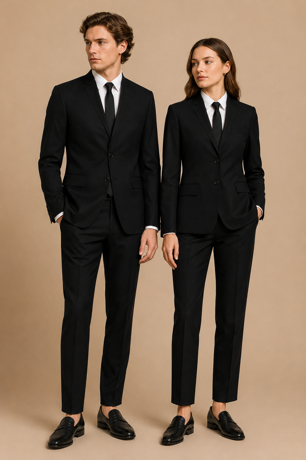 Black modern fit men's suit jacket by Vellor Vault, angle view.