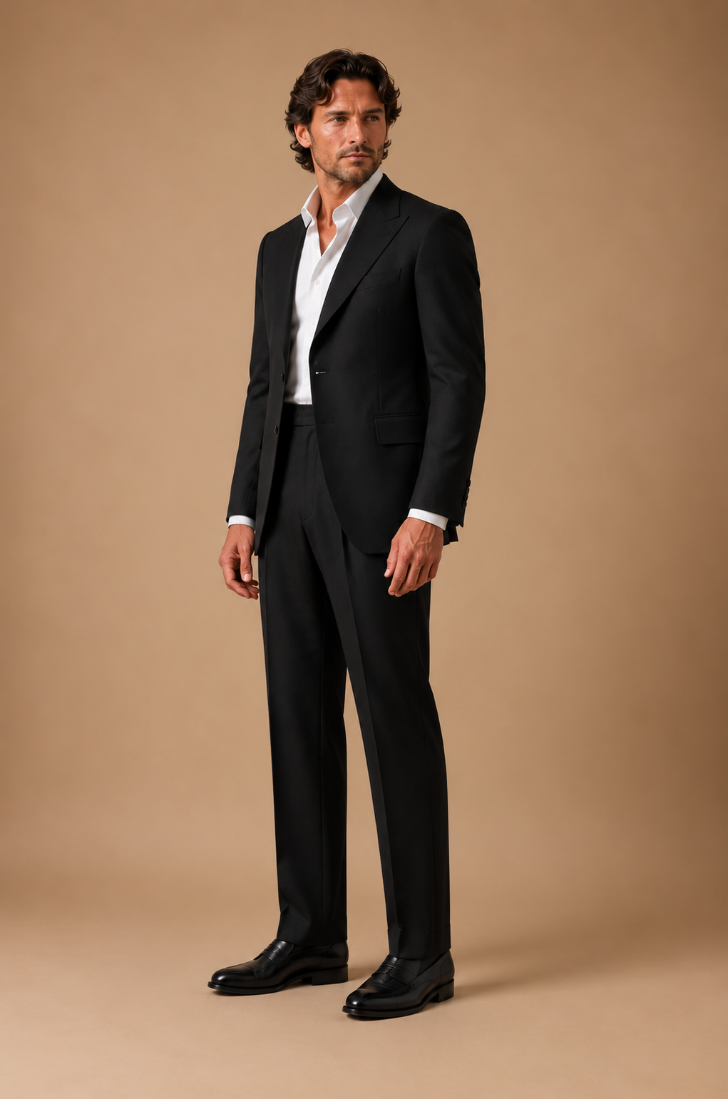 Black modern fit men's suit jacket by Vellor Vault, angle view.