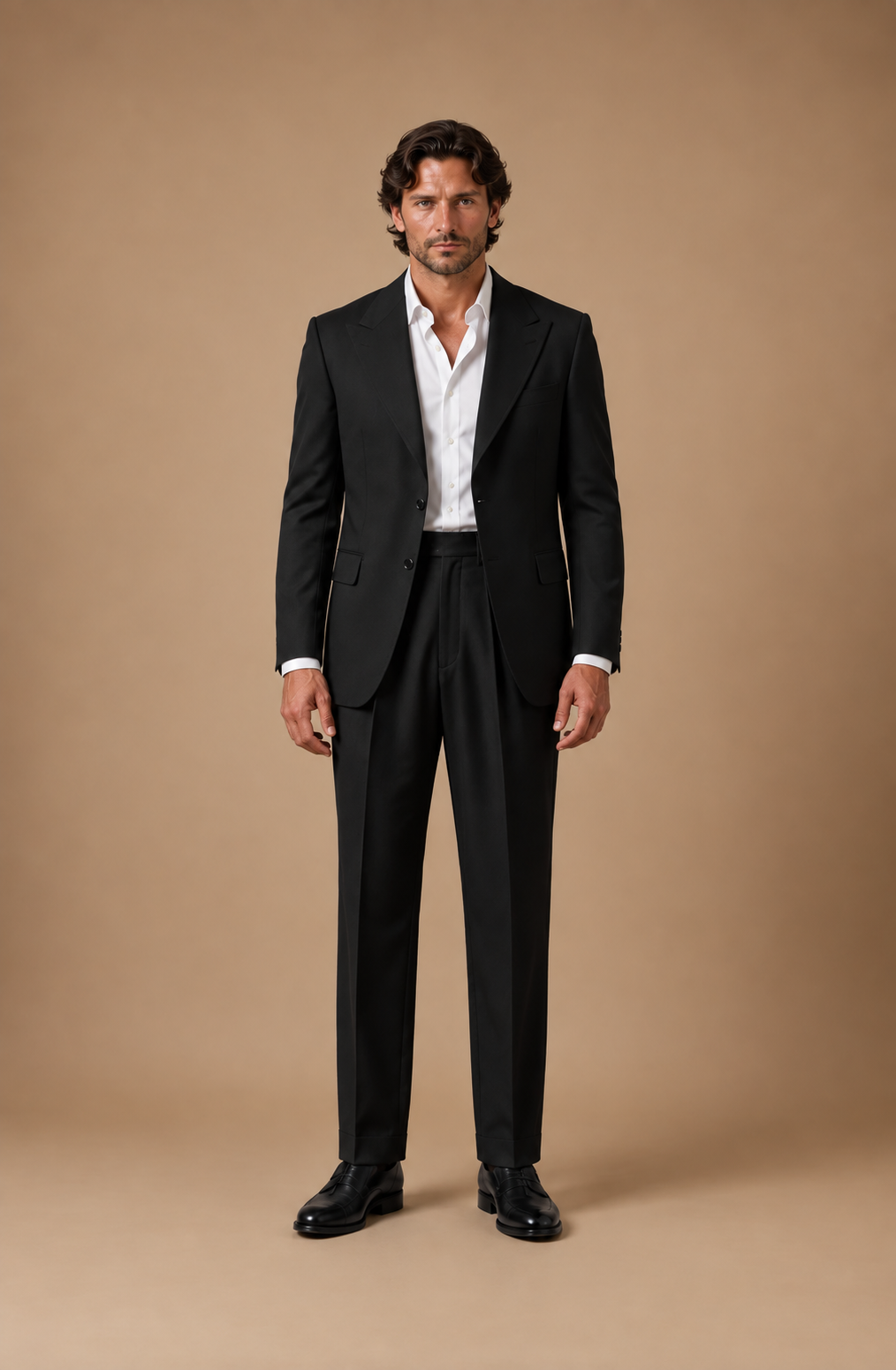 Black modern fit men's suit jacket by Vellor Vault, front view.