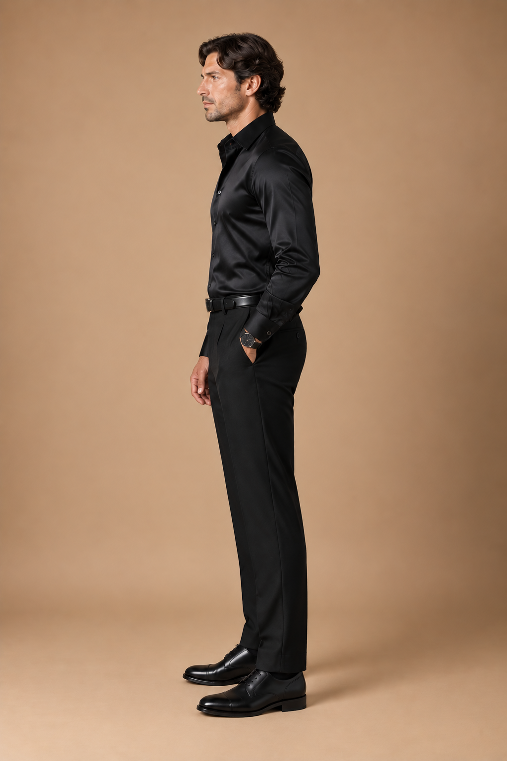Black modern fit men's trouser by Vellor Vault, angle view.