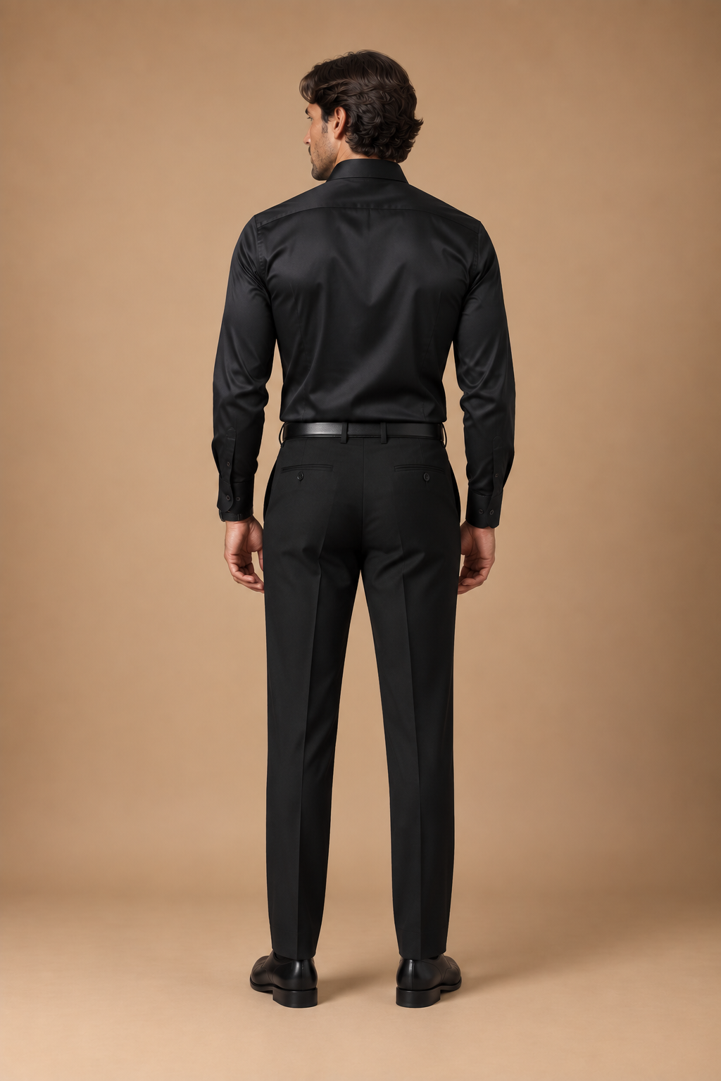 Black modern fit men's trouser by Vellor Vault, back view.