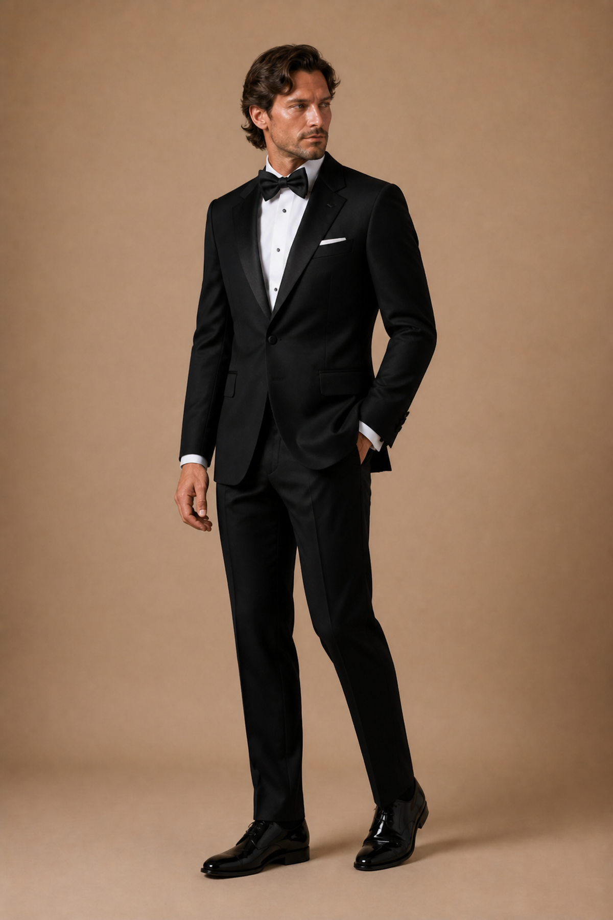 Black modern fit men's tux jacket by Vellor Vault, angle view.