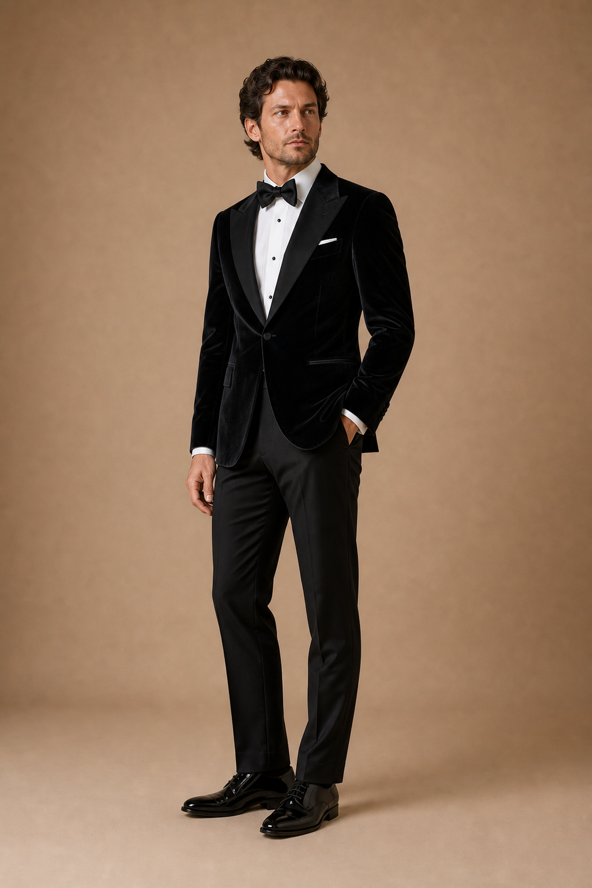 Black modern fit men's tux jacket by Vellor Vault, angle view.