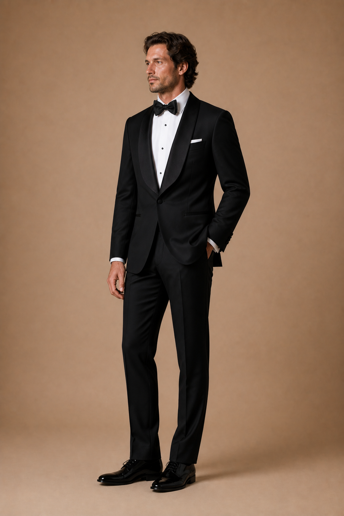 Black modern fit men's tux jacket by Vellor Vault, angle view.