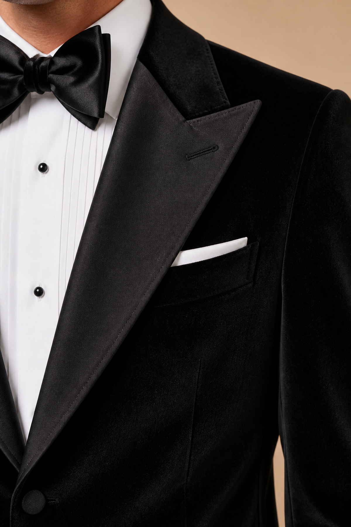 Black modern fit men's tux jacket by Vellor Vault, detail view.