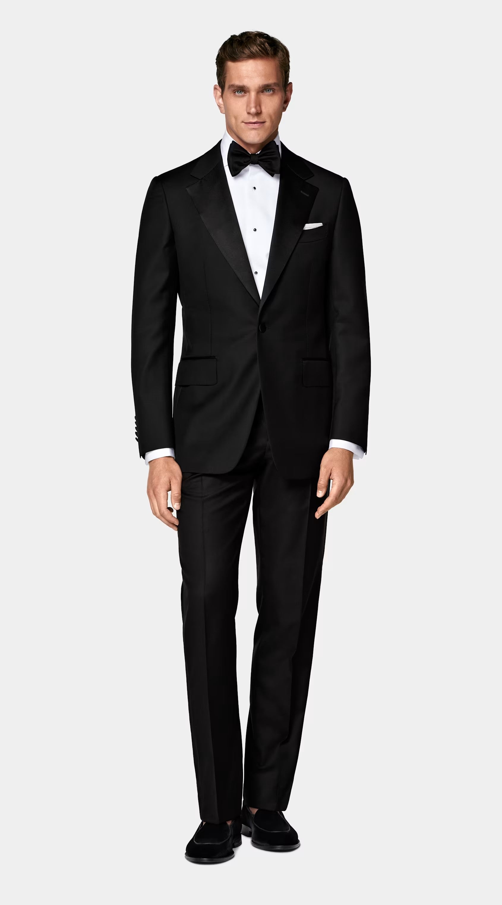 Black modern fit men's tux jacket by Vellor Vault, front view.