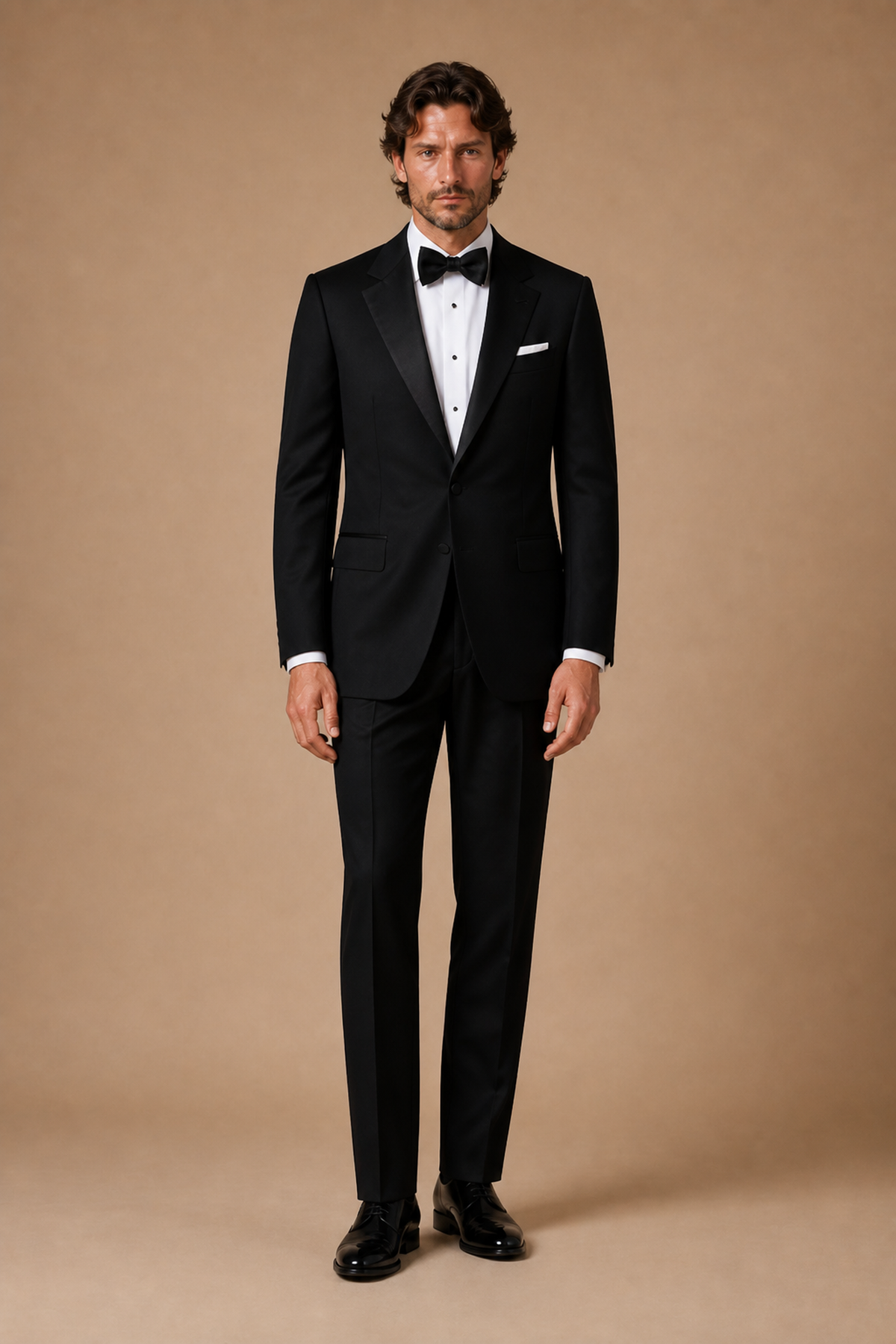 Black modern fit men's tux jacket by Vellor Vault, front view.