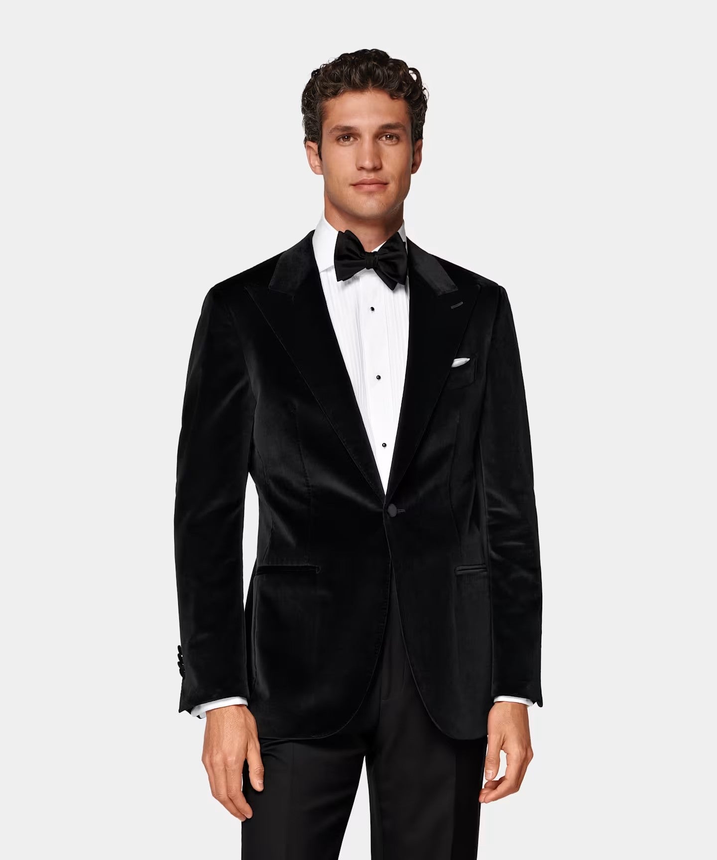 Black modern fit men's tux jacket by Vellor Vault, front view.