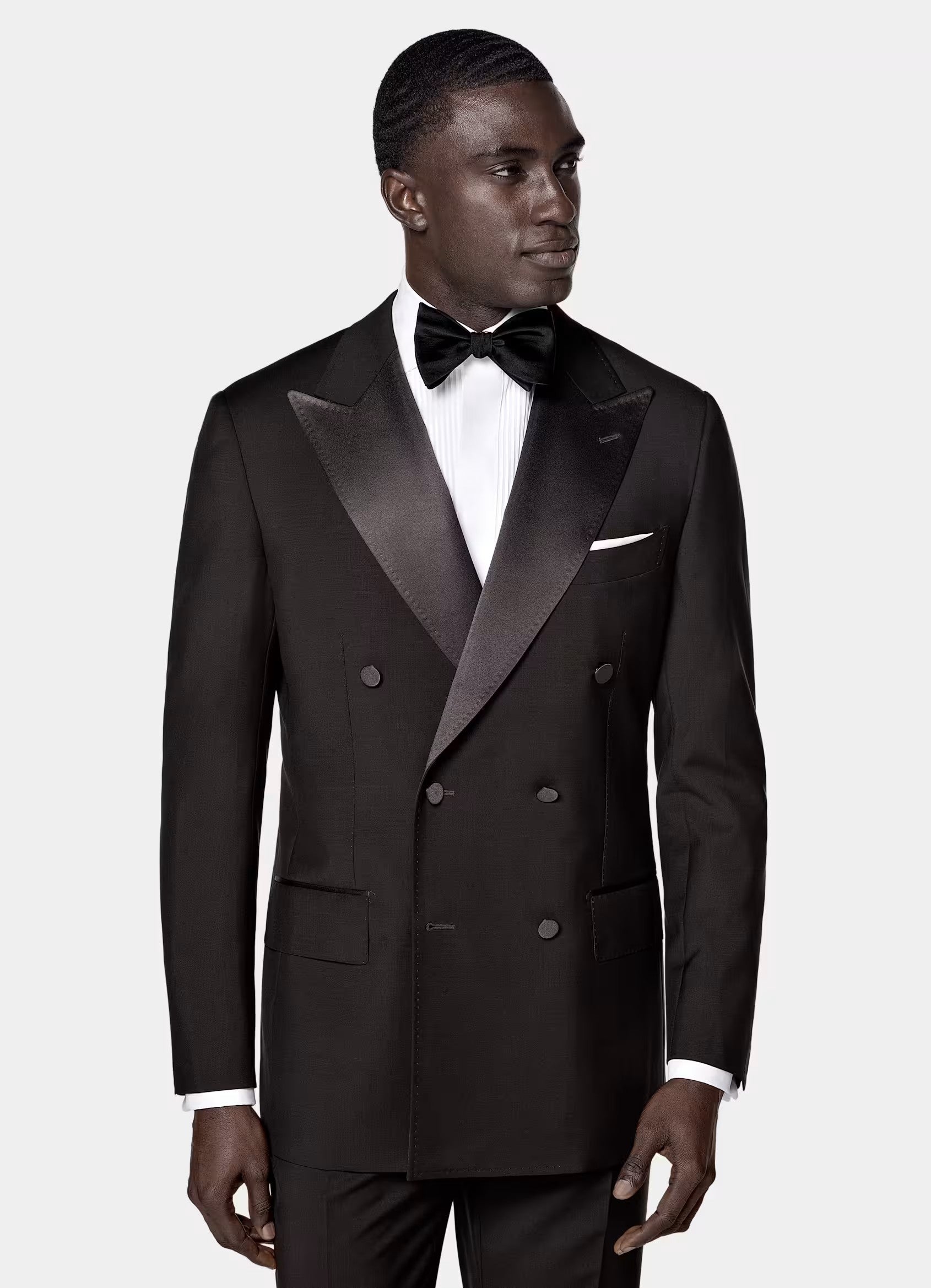 Black modern fit men's tux jacket by Vellor Vault, front view.