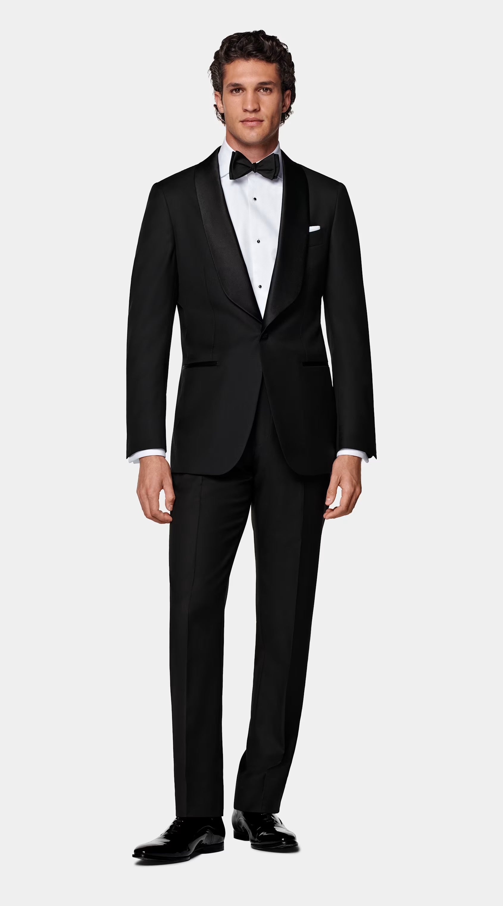 Black modern fit men's tux jacket by Vellor Vault, front view.