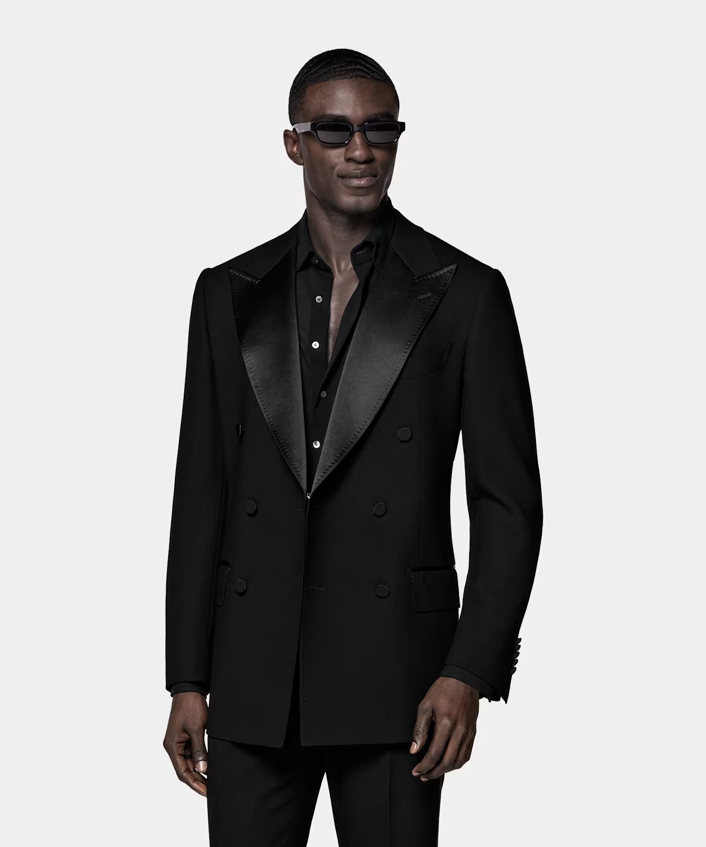 Black modern fit men's tux jacket by Vellor Vault, front view.