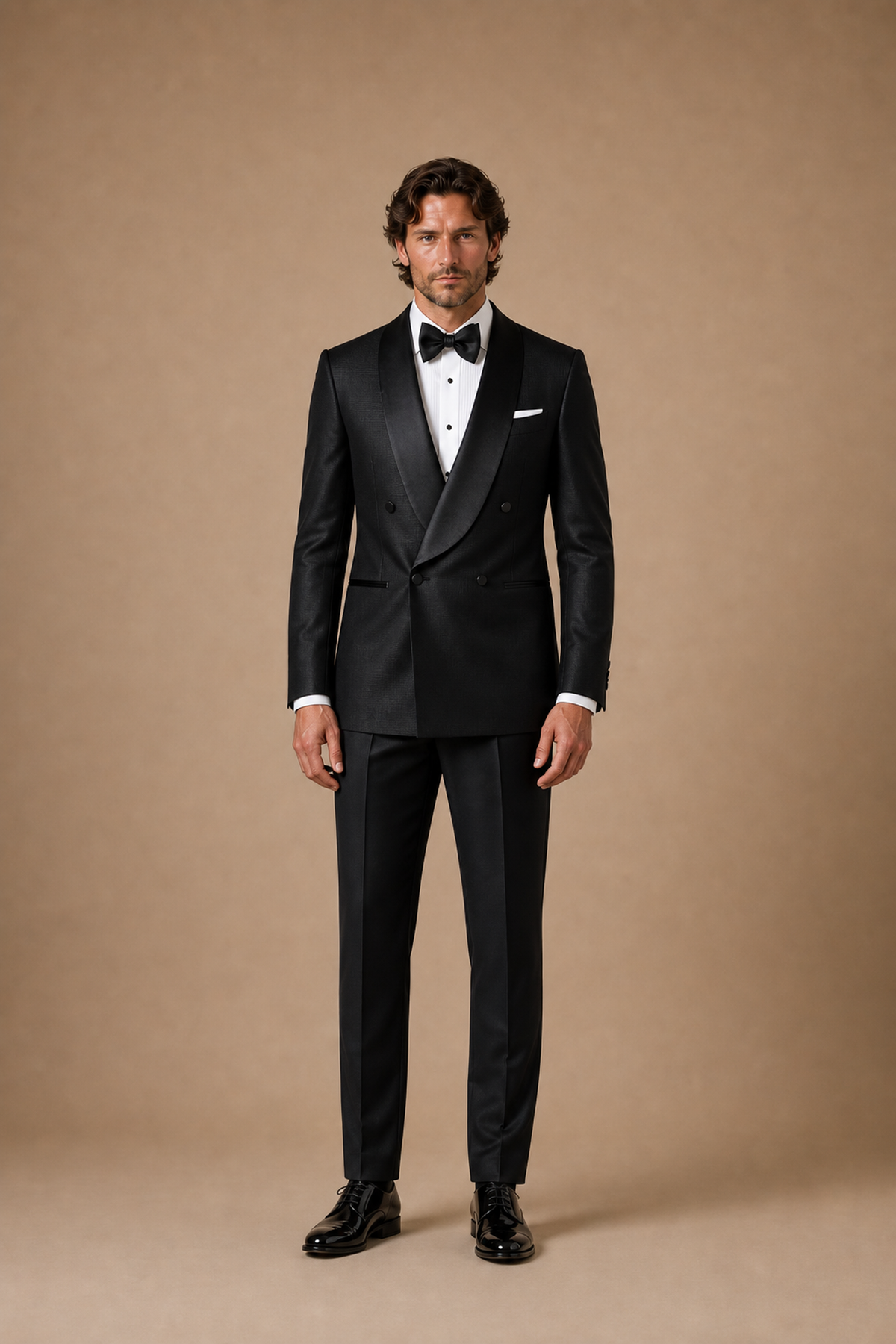 Black modern fit men's tux jacket by Vellor Vault, front view.