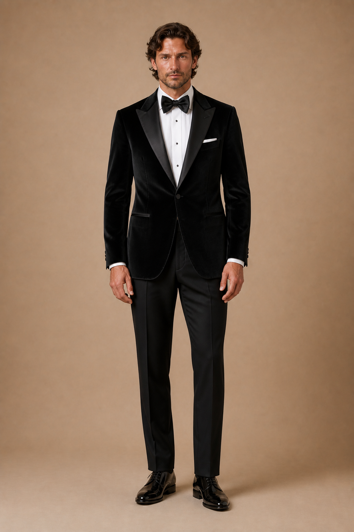 Black modern fit men's tux jacket by Vellor Vault, front view.