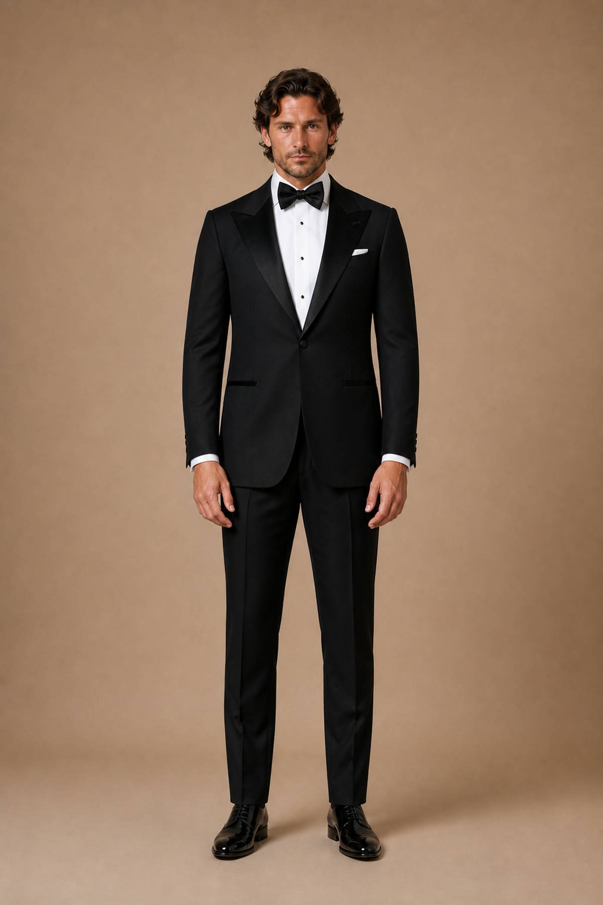 Black modern fit men's tux jacket by Vellor Vault, front view.