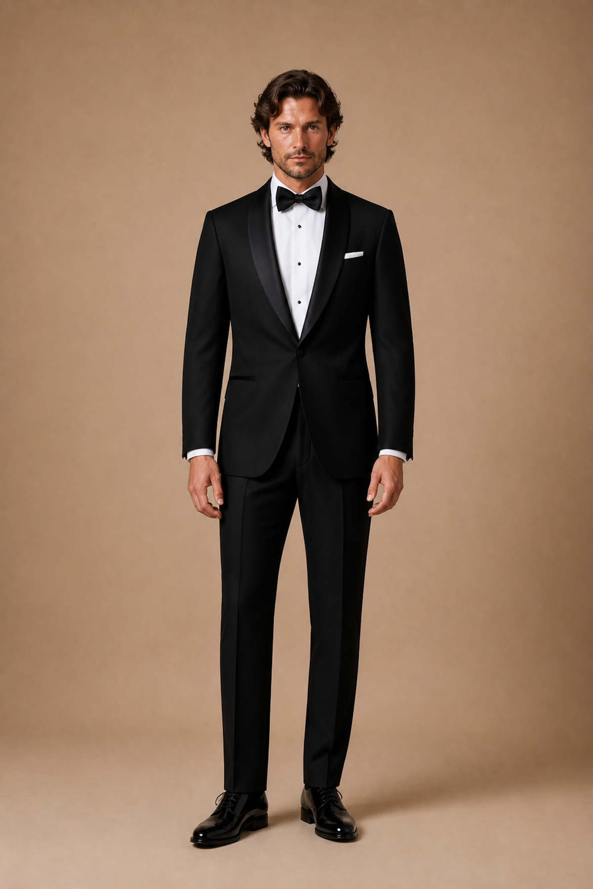 Black modern fit men's tux jacket by Vellor Vault, front view.