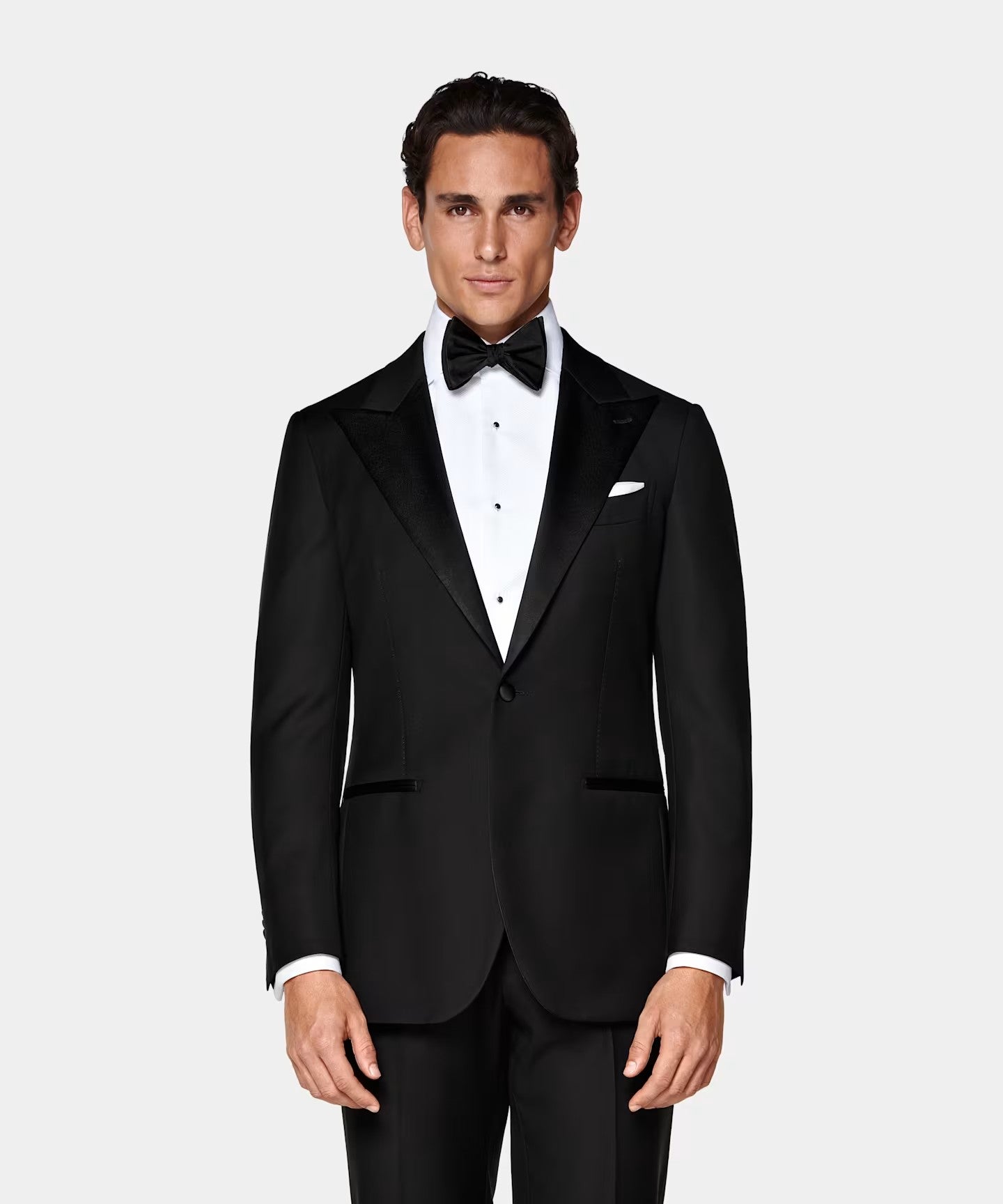 Black modern fit men's tux jacket by Vellor Vault, front view.