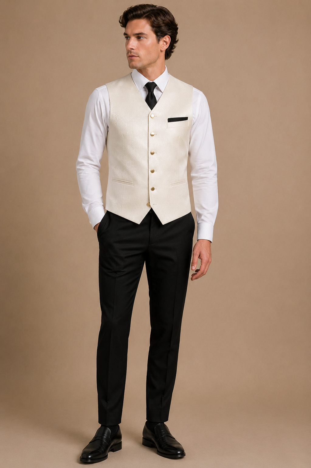 Black modern fit men's uniform by Vellor Vault, angle view.