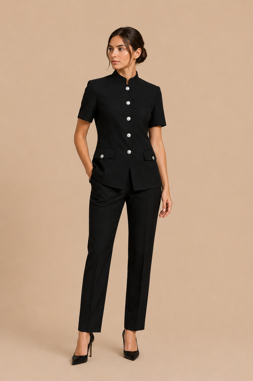 Black modern fit men's uniform by Vellor Vault, back view.
