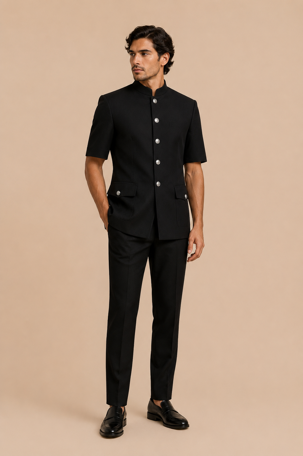 Black modern fit men's uniform by Vellor Vault, detail view.