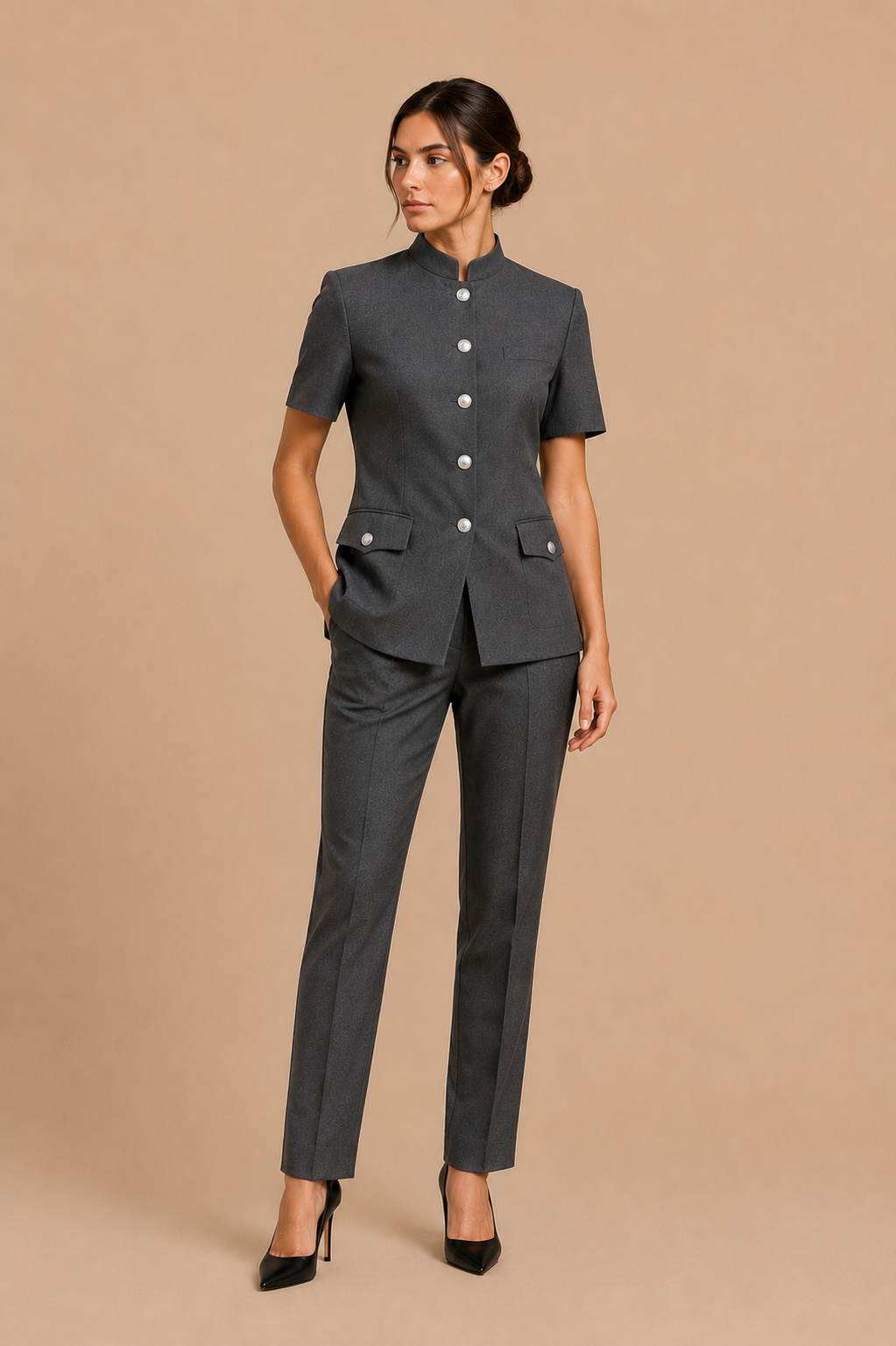 Black modern fit men's uniform by Vellor Vault, front view.