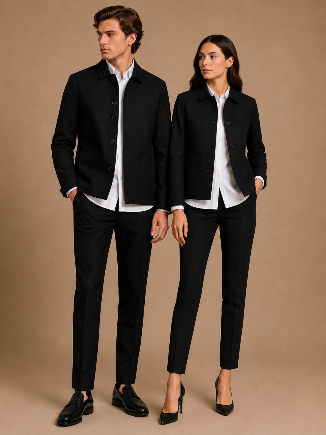 Black modern fit men's uniform by Vellor Vault, front view.