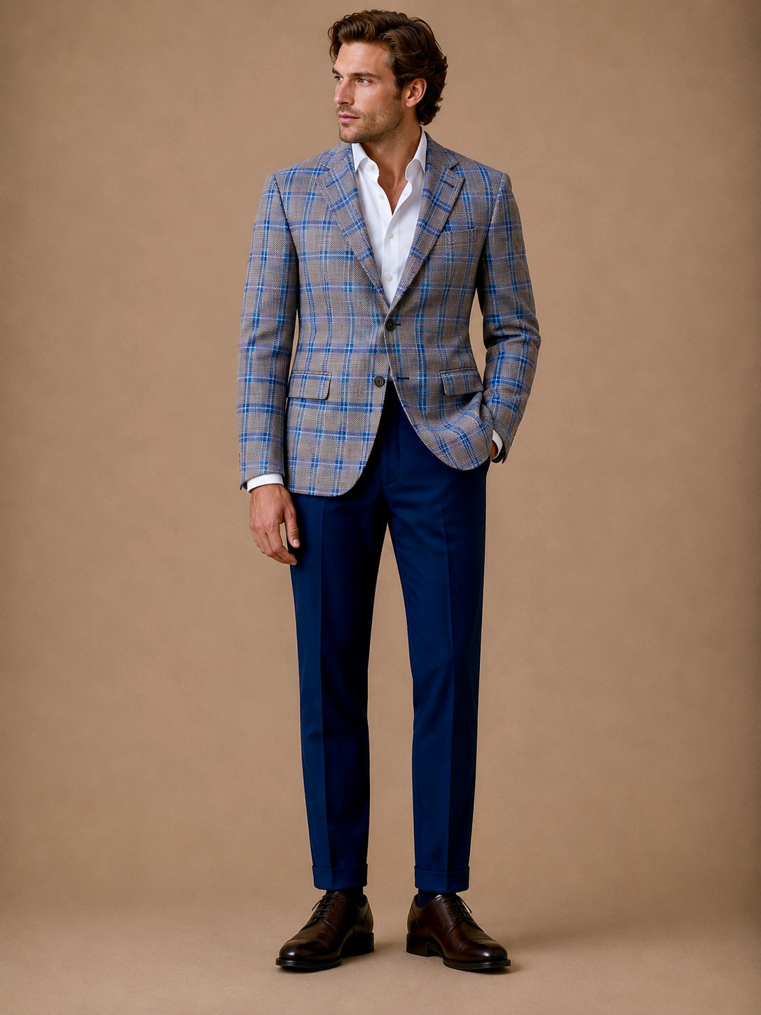 Blue Spring Plaid modern fit men's blazer by Vellor Vault, front view.