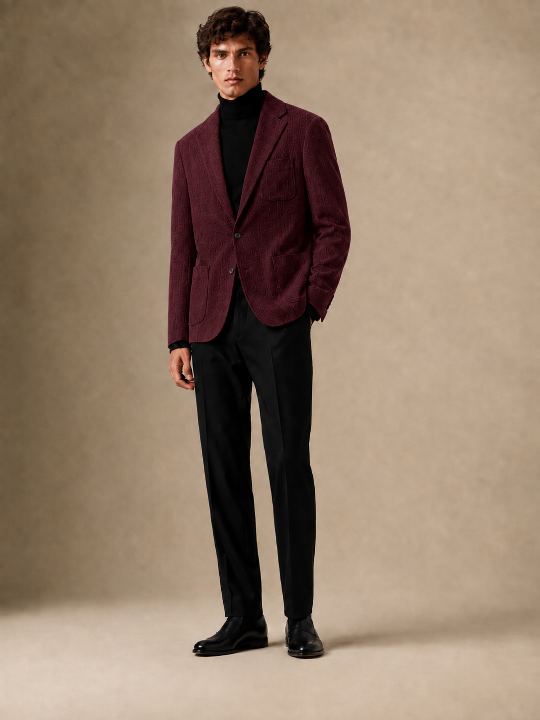 Burgundy Corduroy modern fit men's blazer by Vellor Vault, front view.