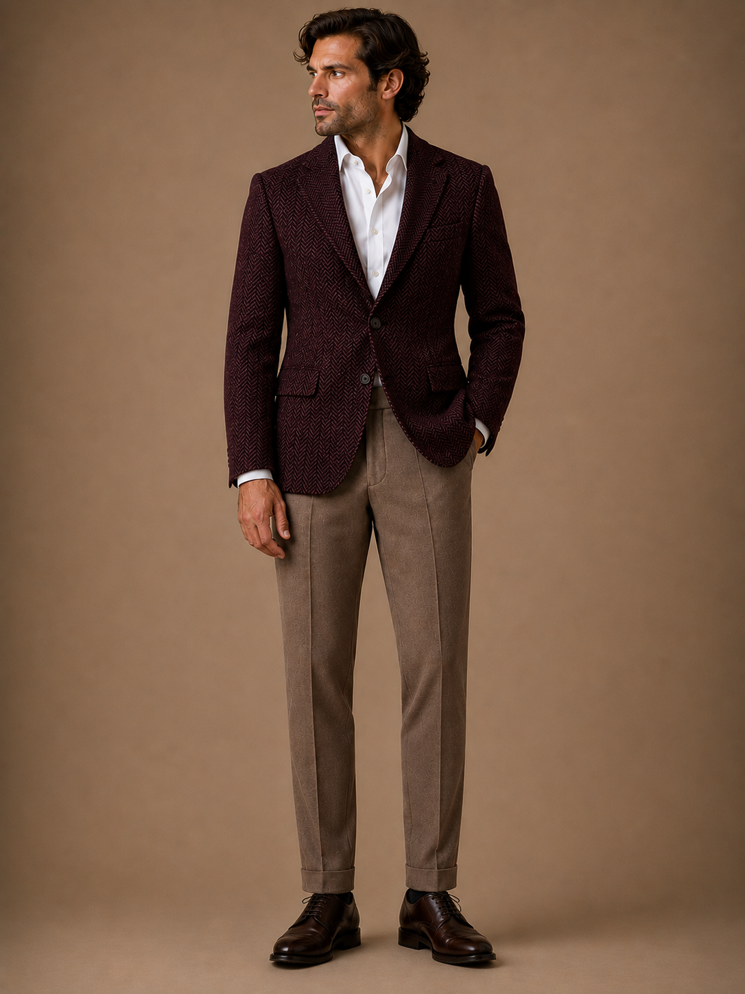 Burgundy Herringbone modern fit men's blazer by Vellor Vault, front view.
