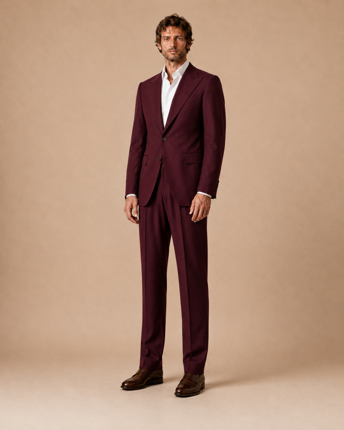 Burgundy modern fit men's suit jacket by Vellor Vault, detail view.