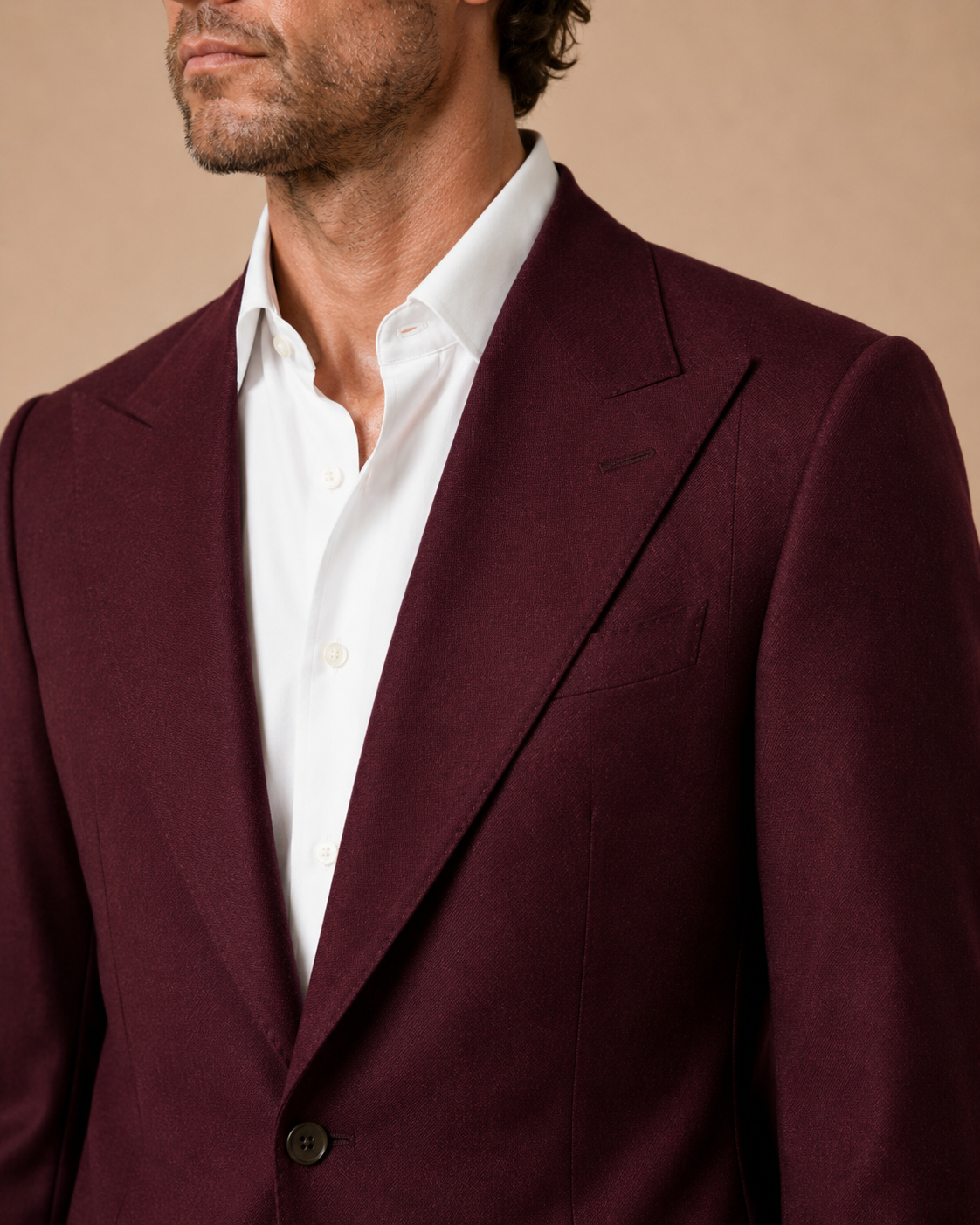 Burgundy modern fit men's suit jacket by Vellor Vault, front view.