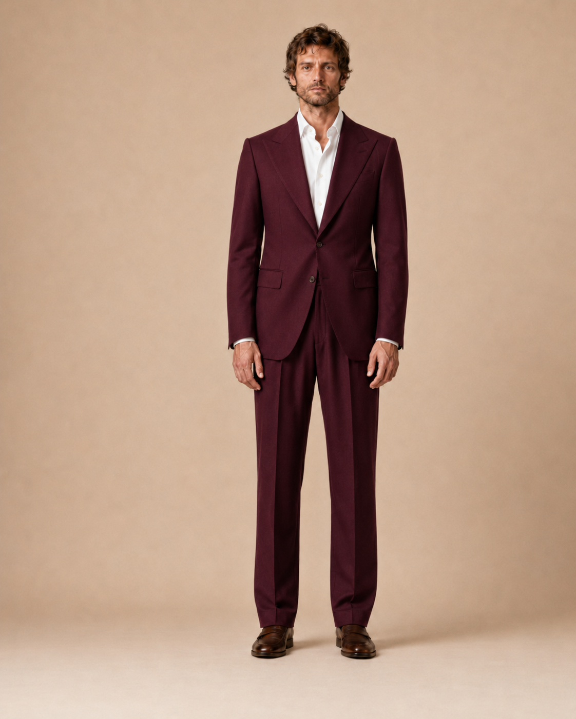 Burgundy modern fit men's suit jacket by Vellor Vault, styled view.