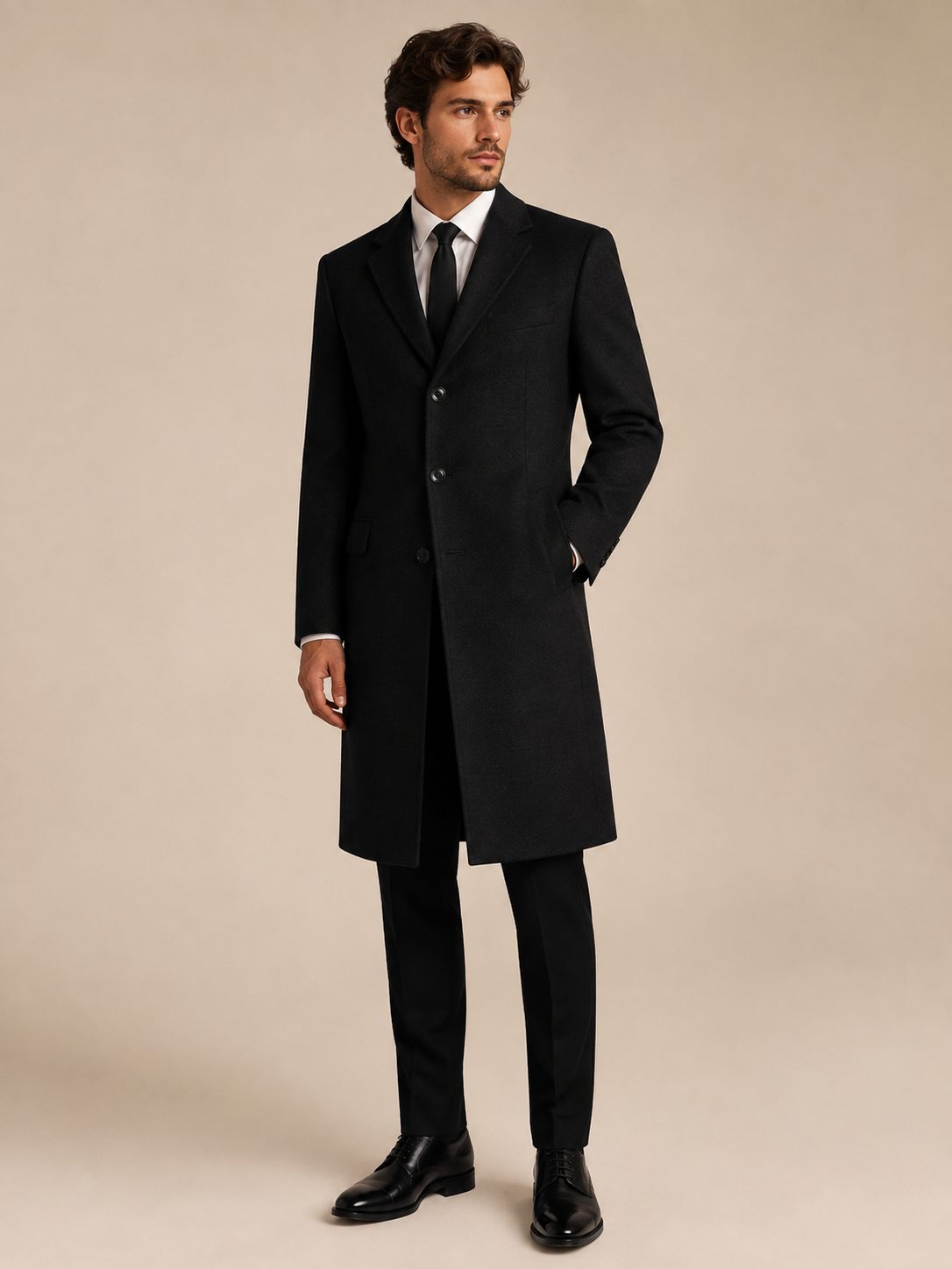 Charcoal modern fit men's top coat by Vellor Vault, angle view.