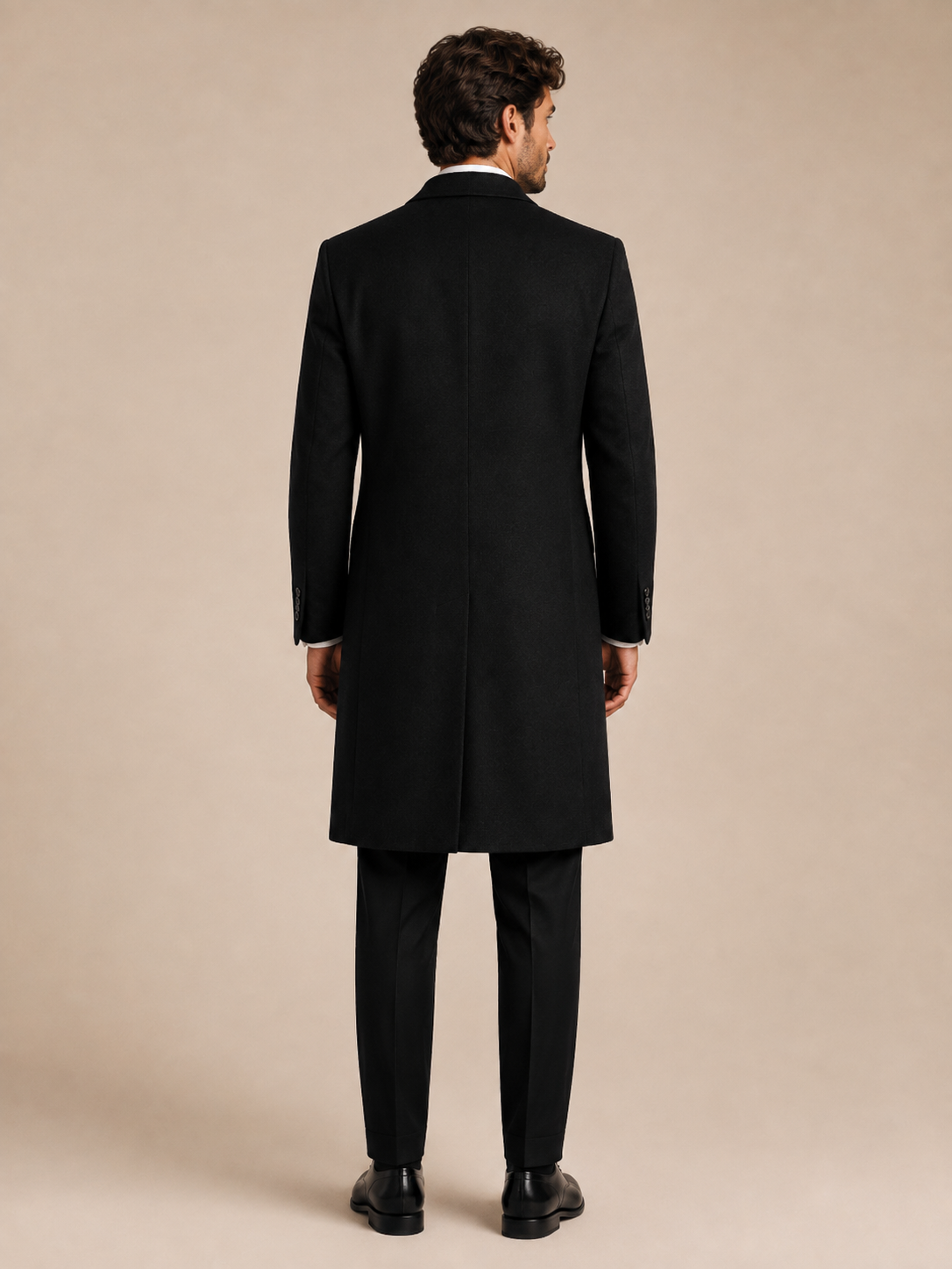 Charcoal modern fit men's top coat by Vellor Vault, detail view.