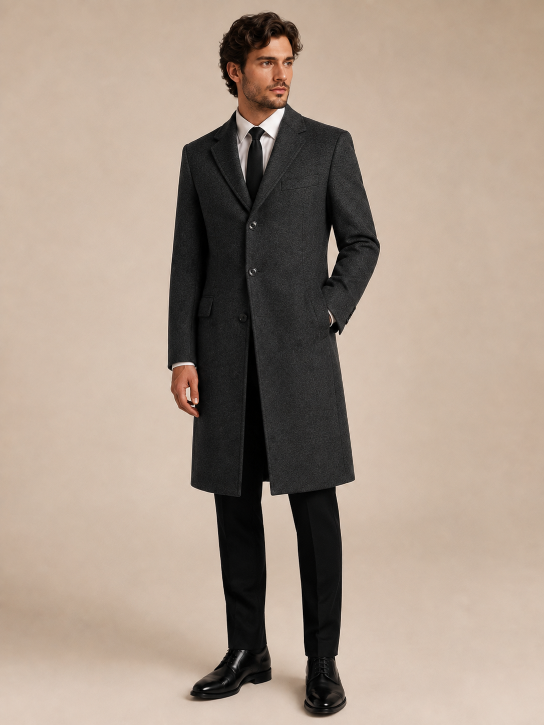 Charcoal modern fit men's top coat by Vellor Vault, front view.
