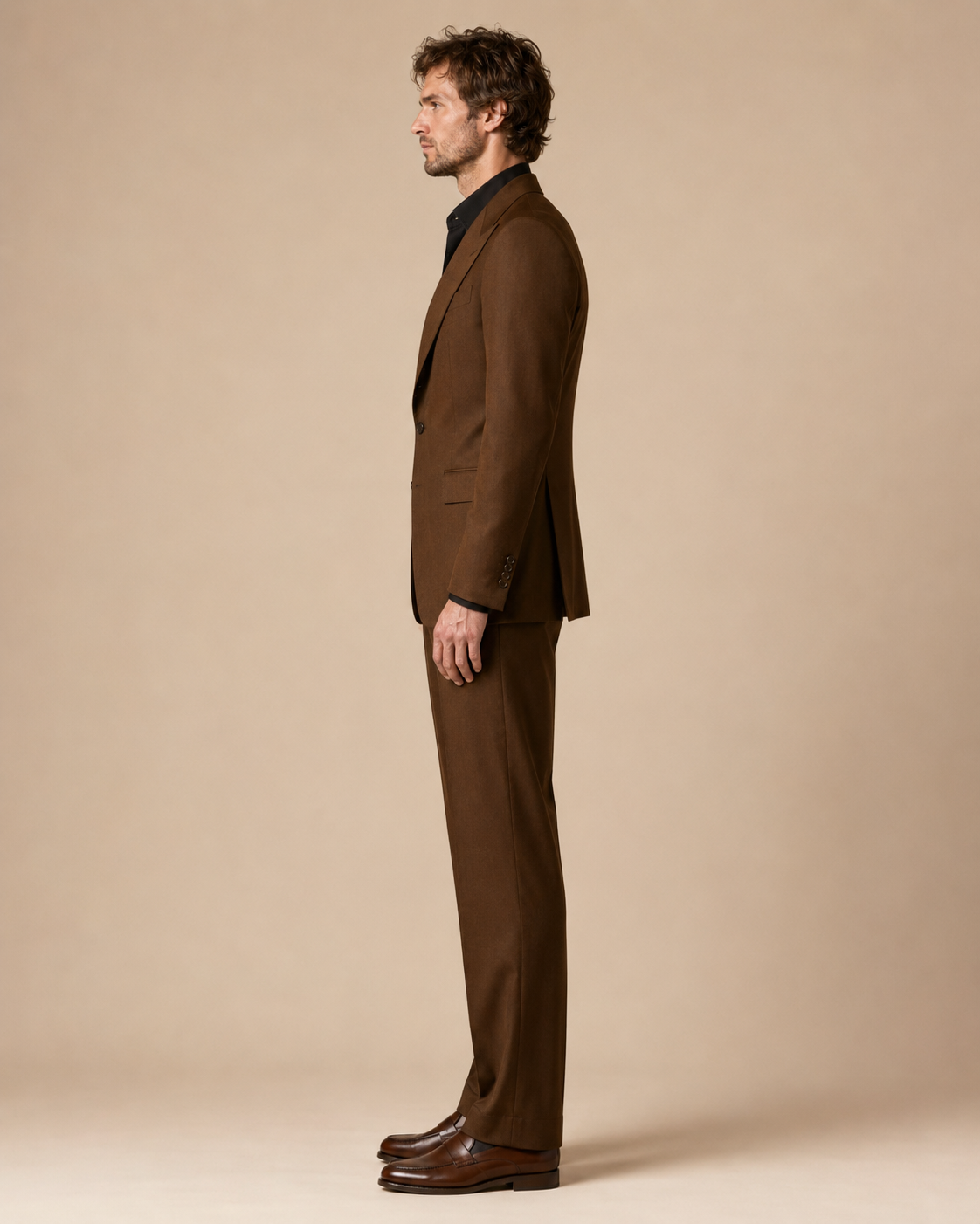 Chocolate Brown modern fit men's suit jacket by Vellor Vault, detail view.