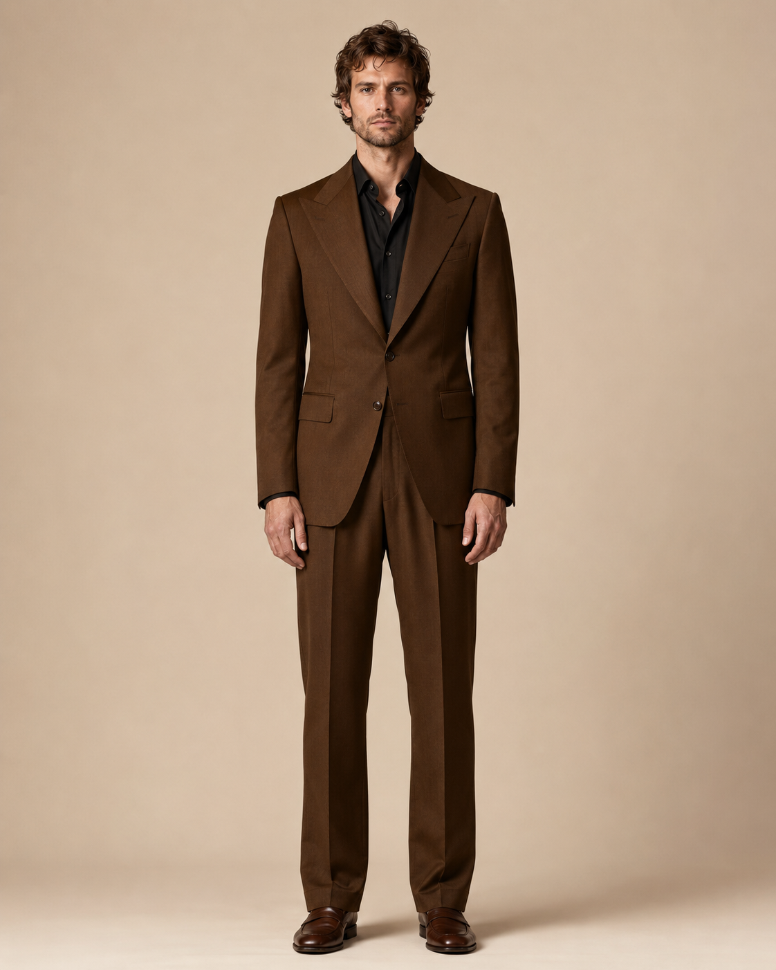 Chocolate Brown modern fit men's suit jacket by Vellor Vault, front view.
