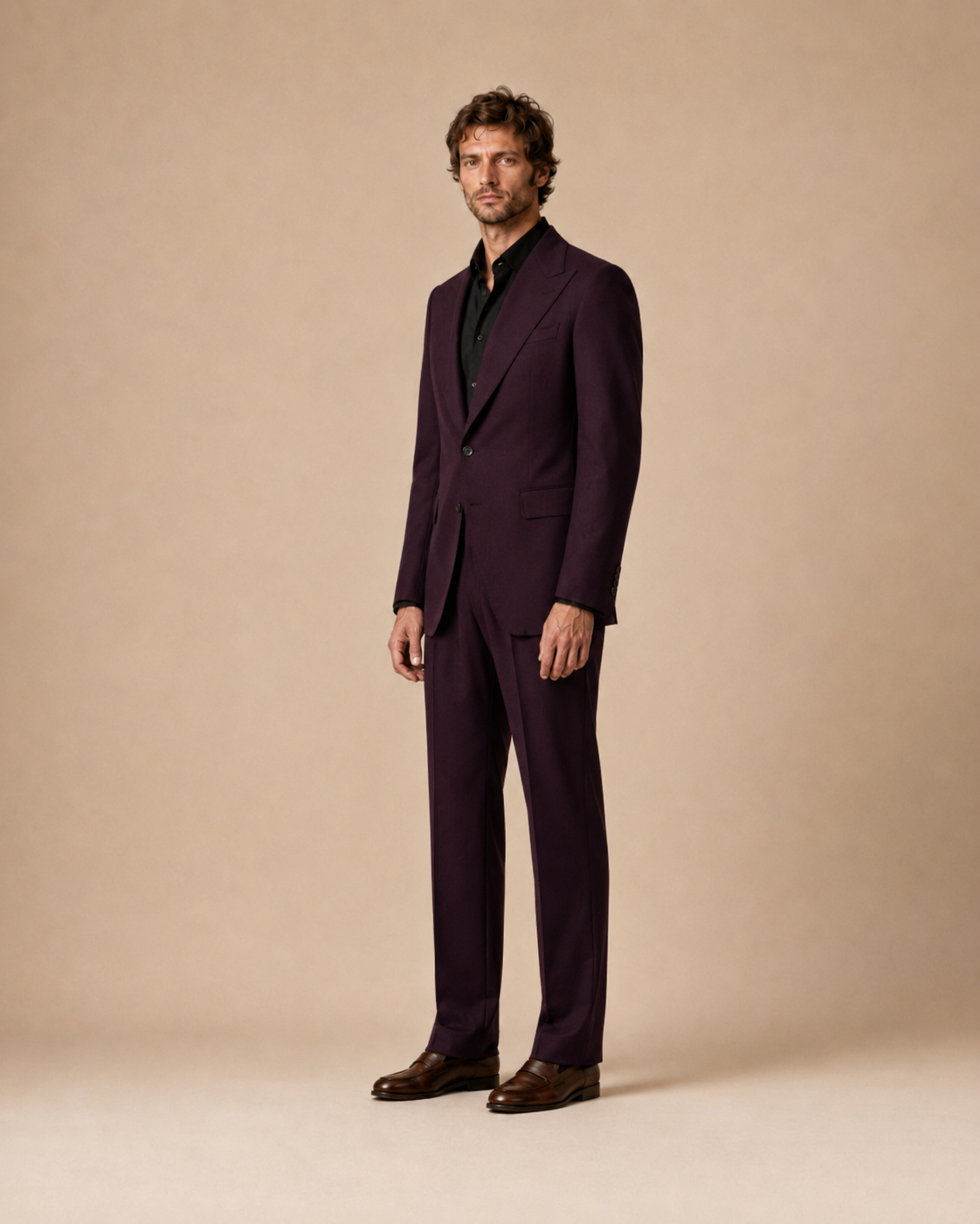 Deep Plum modern fit men's suit jacket by Vellor Vault, angle view.