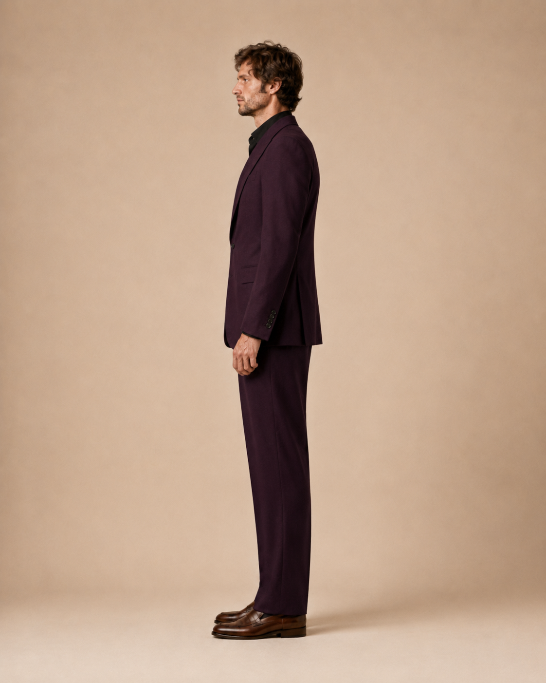 Deep Plum modern fit men's suit jacket by Vellor Vault, back view.