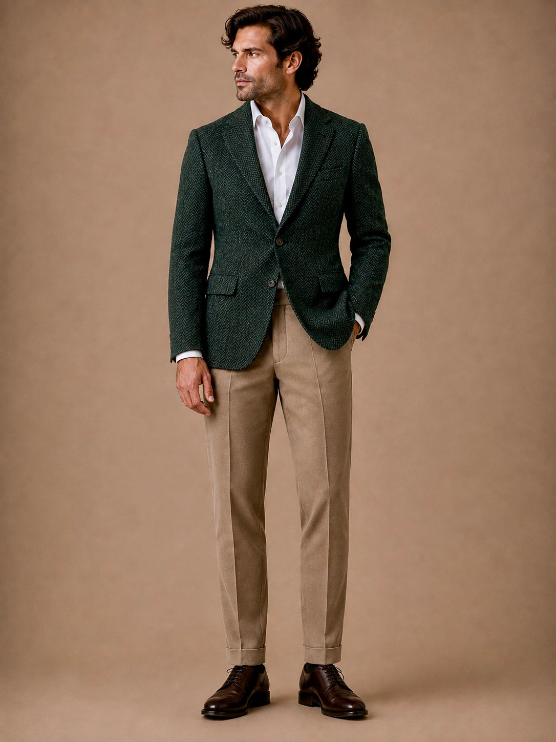 Emerald Herringbone modern fit men's blazer by Vellor Vault, front view.