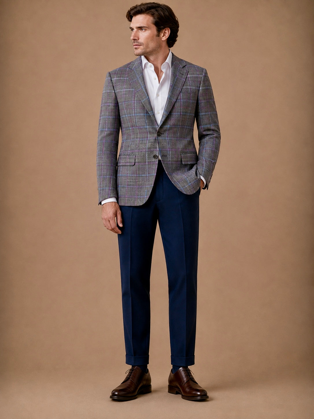 Grey Plaid modern fit men's blazer by Vellor Vault, front view.