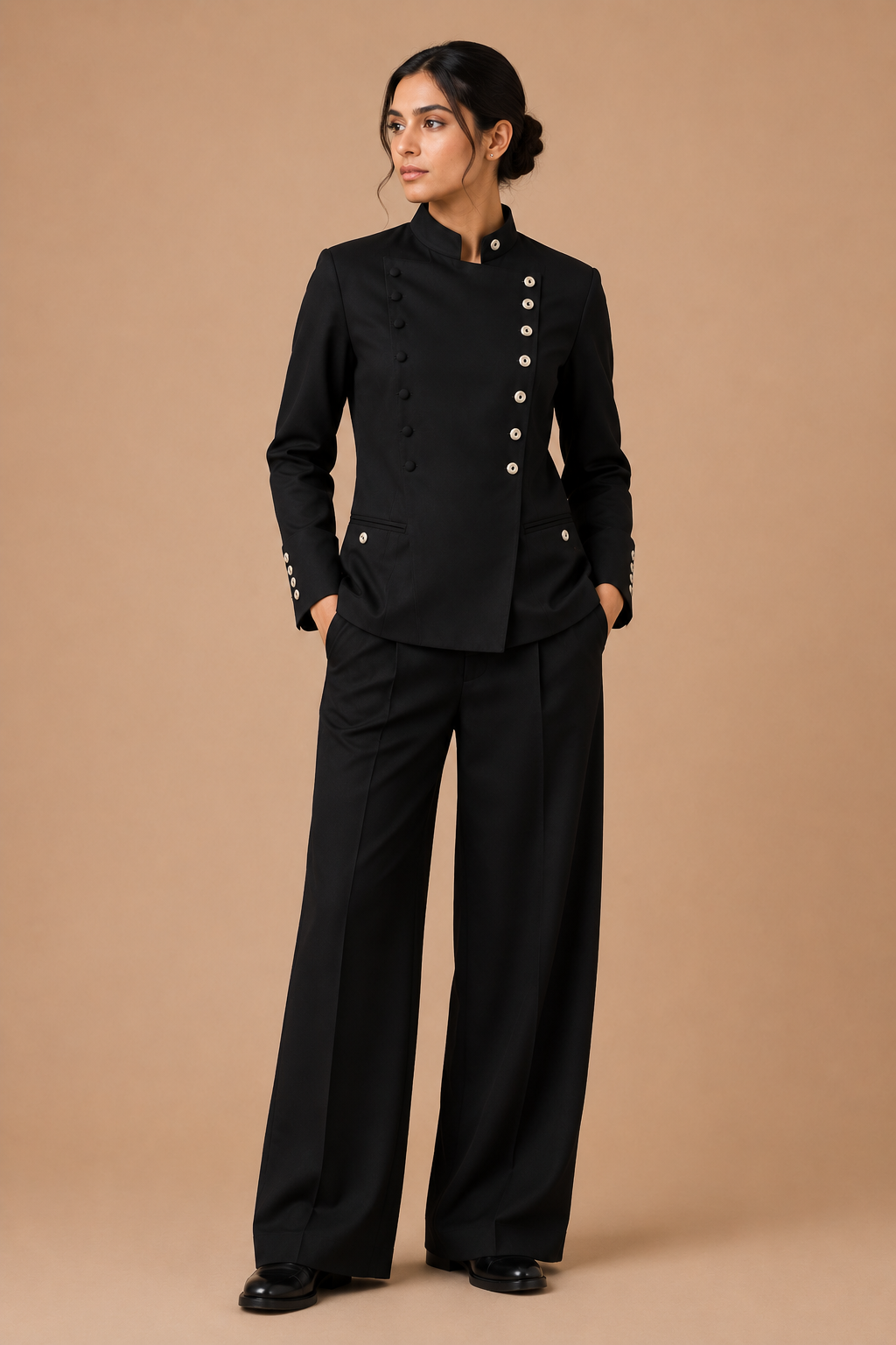 Ivory modern fit men's uniform by Vellor Vault, angle view.