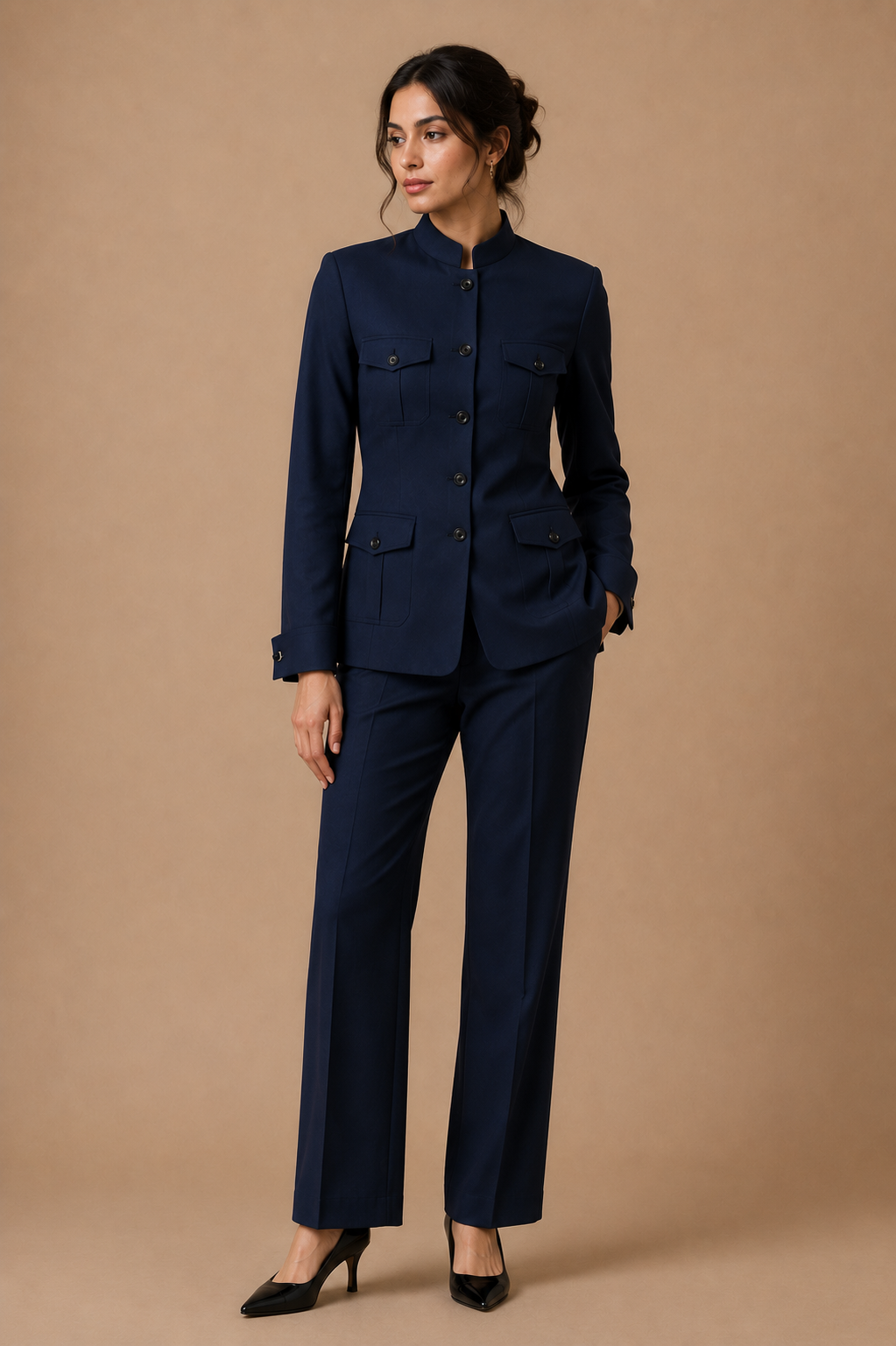 Ivory modern fit men's uniform by Vellor Vault, angle view.