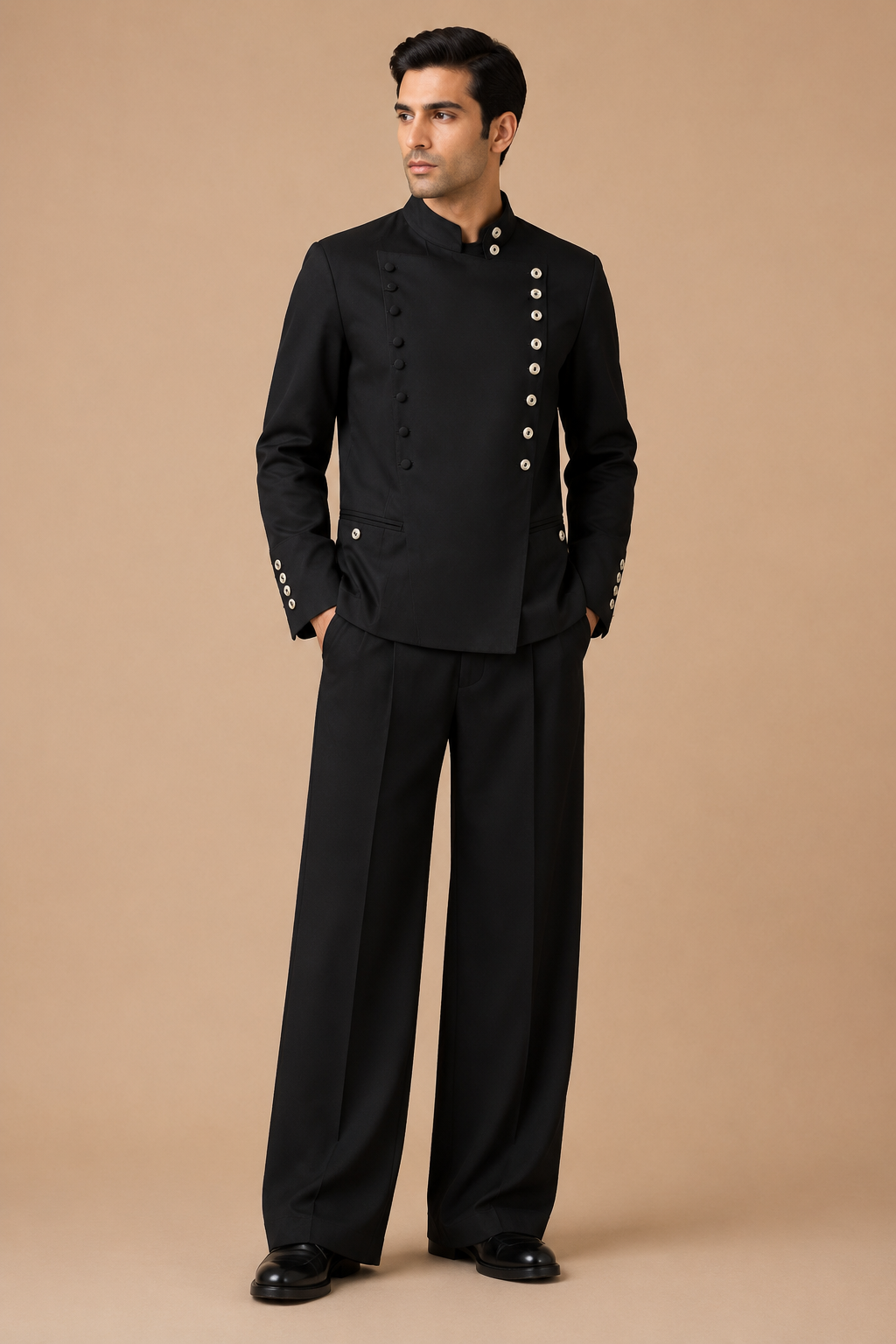 Ivory modern fit men's uniform by Vellor Vault, front view.