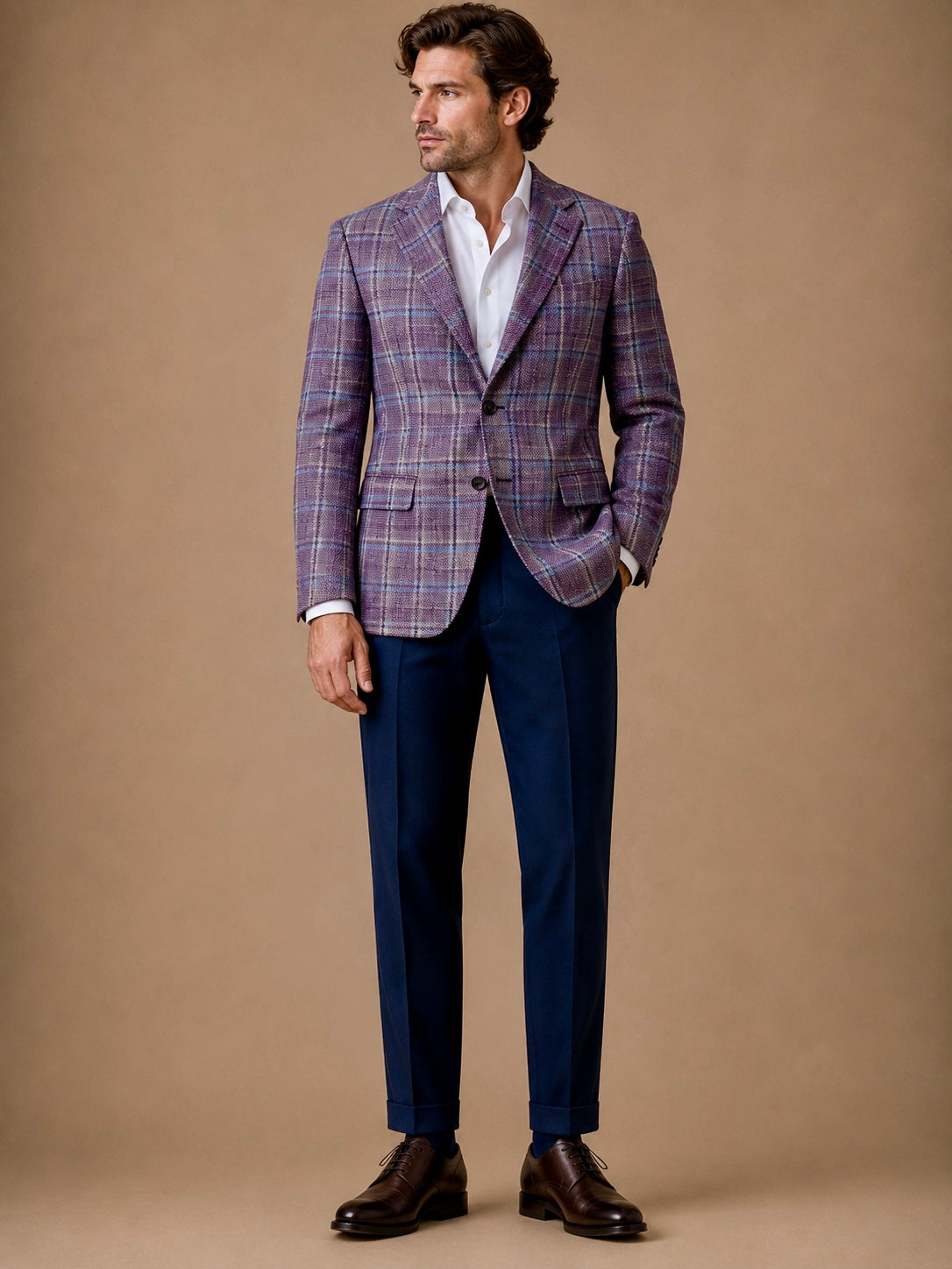 Lavender Plaid modern fit men's blazer by Vellor Vault, front view.